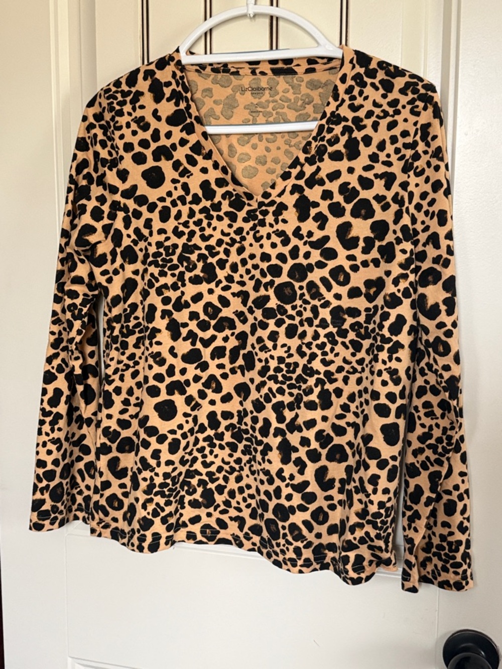 Liz Claiborne Tan and Black Leopard V-Neck Long Sleeve Top in